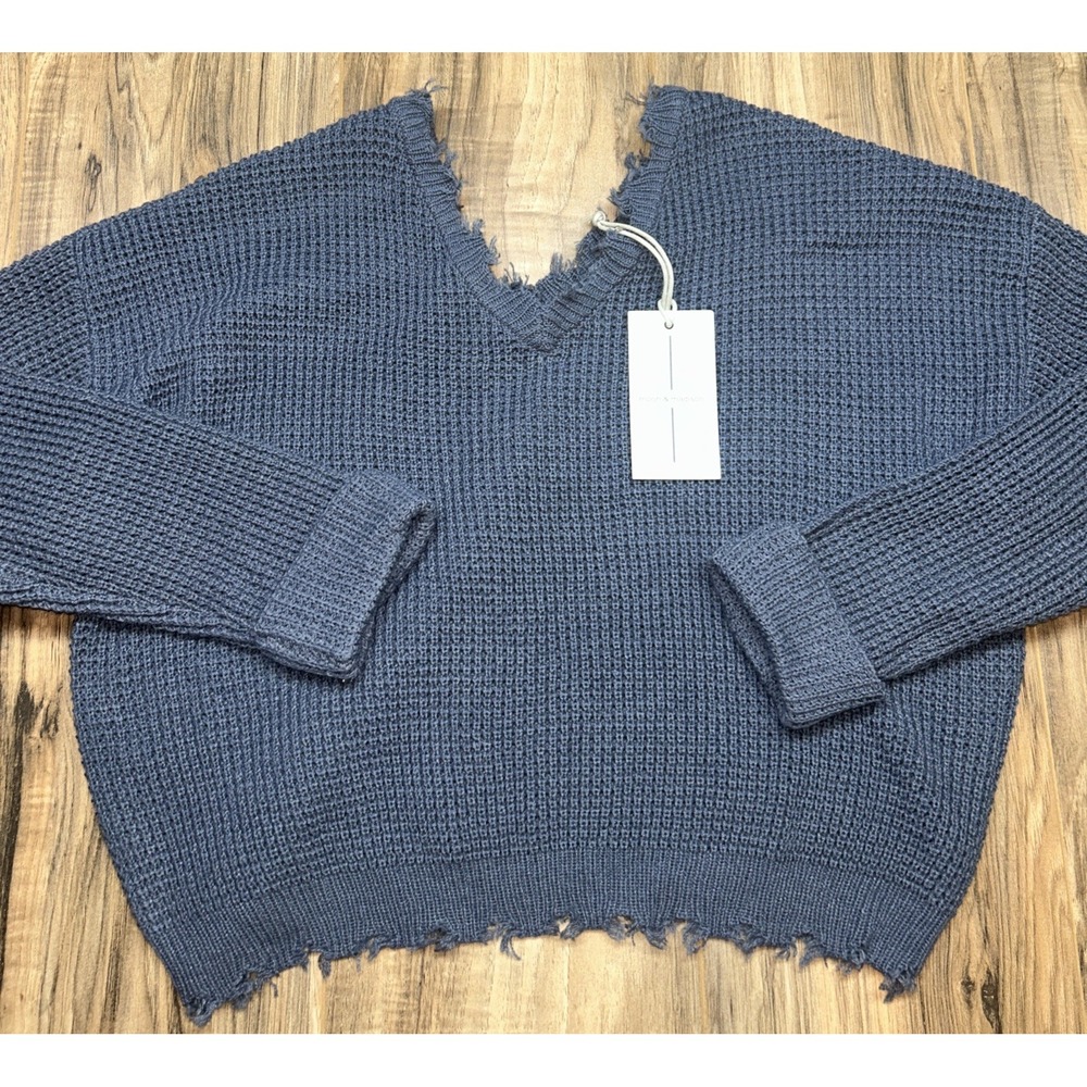 NWT Moon&Madison Blue Sweater‎ Frayed Waffle Vneck Tassel Design Size M
